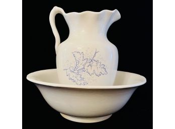 Antique White Stoneware Wash Basin & Pitcher With Blue Oak Leaf Design