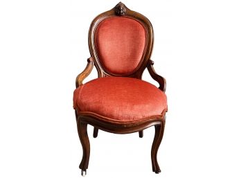 Antique Victorian Walnut Balloon Back Parlor Chair With Carved Figurehead Detail, Casters & Salmon Fabric