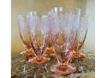 6 Pink Depression Etched Glass Footed Tumblers