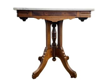 Wonderful Antique Victorian Walnut Table With White Marble Top, On Caster