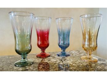 4 Vintage Colored Glass Goblets With Gold Rims