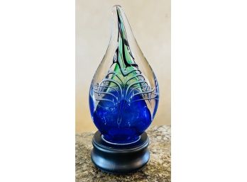 Signed Hand Blown Art Glass Free Form Sculpture With Lighted Base