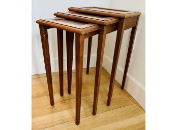 3 European Antique Wood Nesting Tables With Inlay & Glass Tops