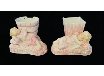 2 Antique Bisque Porcelain Sleeping Children With Baskets Figurines In Pink