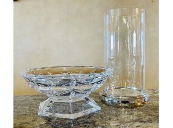 Vintage Footed Pressed Glass Dish & Glass Cylinder Pillar Candle Holder