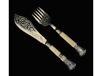 Outstanding Heavy English Antique Bone Handle And Sterling Fish Serving Fork & Knife Set