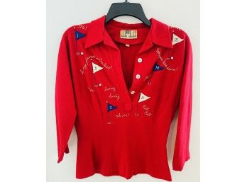 Fabulous 1950s Estelle Allardale Of Beverly Hills Golf Themed Red Knit Top Sz. S