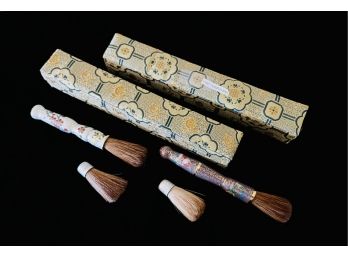 1970's Lot Of 2 Cloisonne Handle Natural Bristle Brushes With Silk Boxes From Beijing China
