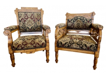 Custom Upholstered Antique Eastlake Walnut His & Hers Arm Chairs