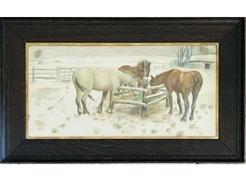 Lovely Framed Original Signed Watercolor Horses Eating