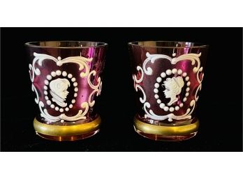 Vintage Bohemian Red Glass Tumblers With Man & Woman Profiles