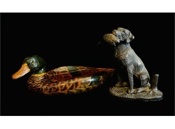 Vintage Bronze Dog Figurine With Wood Mallard Tray
