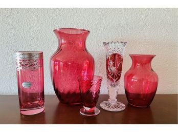 Vintage Lot Of 3 Cranberry Non Cut Glass Vases And 1 Cut Glass Red Vase From Italy With Platinum Metal