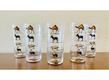 5 Vintage 1940s Bar Glasses With 4 Animals & Gold Rims