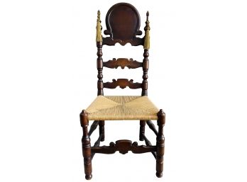 Early 1800s Carved Walnut Chair With Shield Back, Turned Legs And Spindles With Rush Seat