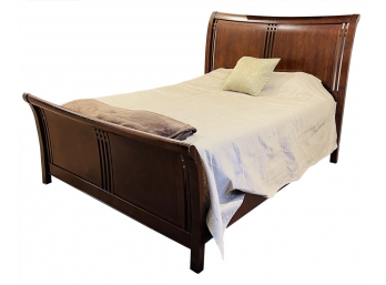 Queen Dark Wood Sleigh Bed With Tempur Pedic Mattress, Boxspring & Bedding