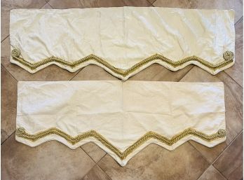 2 Ivory Damask Mantle Scarfs With Gold Trim