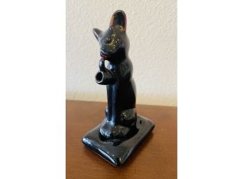 Vintage Black Glazed Clay Cat Smoking A Pipe Made In Japan