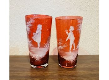 Vintage Mary Gregory Red Glass Glasses With Girl & Boy
