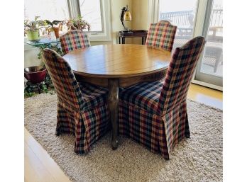 Country French Round Dining Table With Leaf & 4 Plaid Skirted Parson's Chairs
