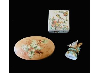 Vintage Hand Painted Porcelain Trinket Boxes & Oval Plaque