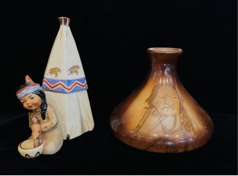Vintage Native American Themed Decor With Little Native American Girl & Teepee And Painted Milk Glass Vase