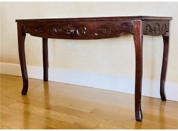 Vintage Dark Wood Sofa Table With Marble Inlay Top