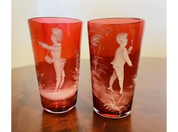 2 Vintage Mary Gregory Red Glasses With Boy & Girl