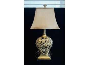 Ornate Leaf Design Table Lamp With Taupe Silk Shade 1 0f 2