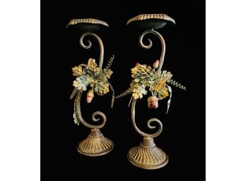 Ornate Metal Candle Holders With Oak Leaves & Acorns