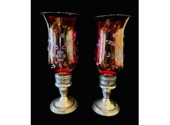 2 Cut Red To Clear Vintage Candle Holders With Sterling Bases
