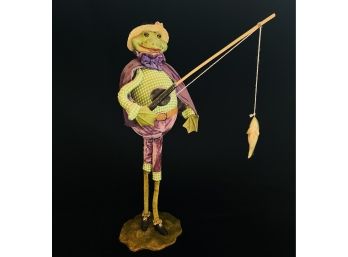 Cute Standing Fishing Frog Figurine With Fabric Clothing