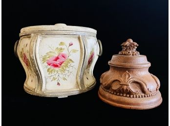 2 Decorative Boxes With 1 Hand Painted Flowers & 1 Small Resin