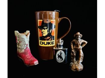 4 Pc. Western Theme Lot With The Duke Mug, Mini Wyoming Flask & More
