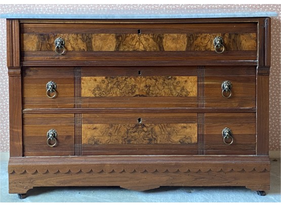 Antique Walnut & Burl Wood 3 Drawer Dresser  W/ Marble Top & Lion Head Pulls