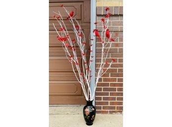 Hand Painted Vase With Natural Reeds With Cardinal Bird Accents