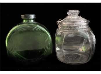 Collection Of 2 Vintage Glass Light Purple Jar & Green Bottle