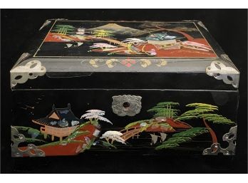 Stunning Black Lacquer  Hand Painted Japanese Jewelry/music Box W/ Red Velvet Lining