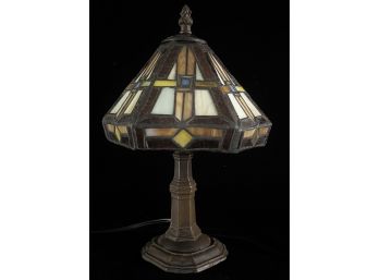 Bronze-like Table Lamp With Tiffany-style Shade