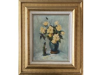 Original Oil On Canvas Still Life Vase With Yellow Roses & Figurine-Signed