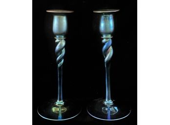 Gorgeous Blue Steuben Aurene Candle Holders