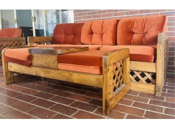 Vintage Wooden Frame Sofa W Golden Sunset Velvet Cushions & Matching Ottoman