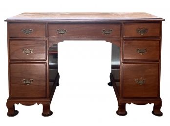 Antique Solid Cherry Kneehole Style Desk With 7 Drawers & Brass Batwing Hardware