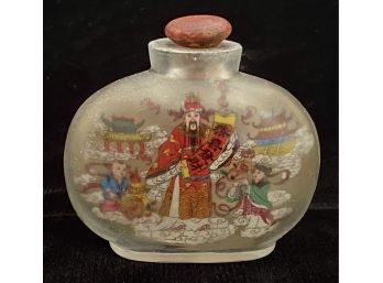 Small Glass Bottle  Possibly Snuff Bottle W/ Intricate Chinese Scene Design & Wooden Bottle Stopper