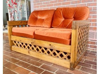 Vintage Golden Sunset Velvet Loveseat W Wood Base