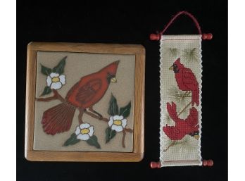 2 Piece Lot Of Cardinal Wall Art Incl. Needlework