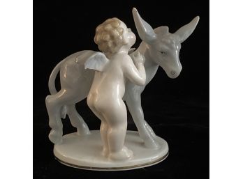 Vintage Erphila Germany Hand Painted Porcelain Figurine Donkey & Cherub