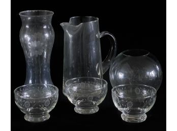 Assorted Lot Of Etched Glassware