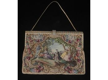 Beautiful Antique Baroque Scene Needlepoint Handbag W/ Gold Toned Accents Incl. Small Coin Purse & Mirror