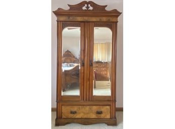 Antique Eastlake Armoire With Mirrored Doors, Carved Pediment, Hand-Fitted Dovetailing Original Hardware